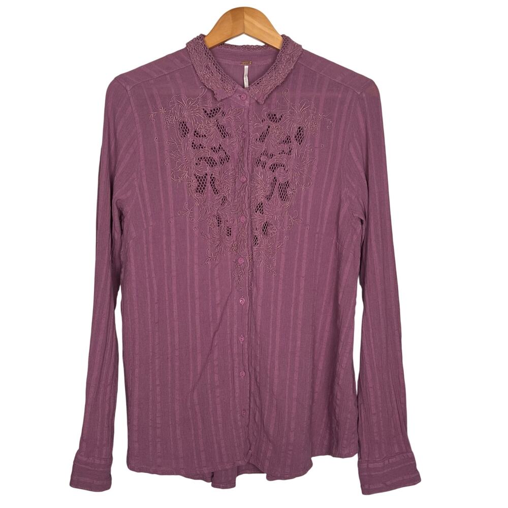 Free People Carter Dobby Embroidered Lace Button Down Top Purple Large - Picture 2 of 6